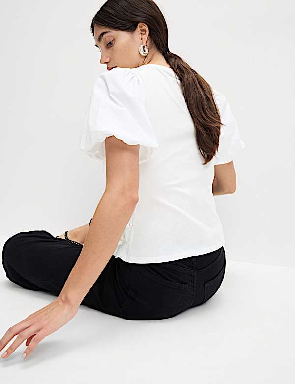 Pure Cotton Jersey Smocked Puff Sleeve Top