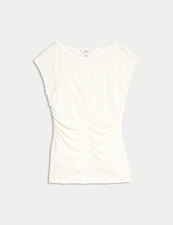 Ruched Mesh Slash Neck Top - IS