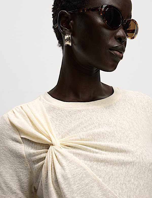 Linen Rich Crew Neck Twist Front T-Shirt