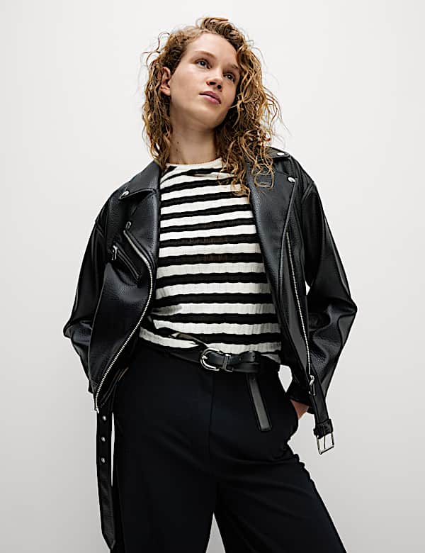 Striped Pointelle Crew Neck T-Shirt