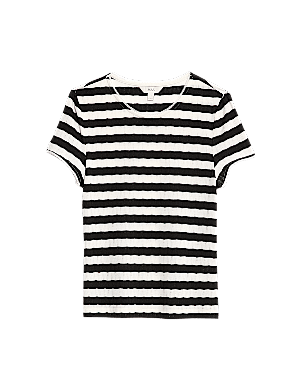 Striped Pointelle Crew Neck T-Shirt