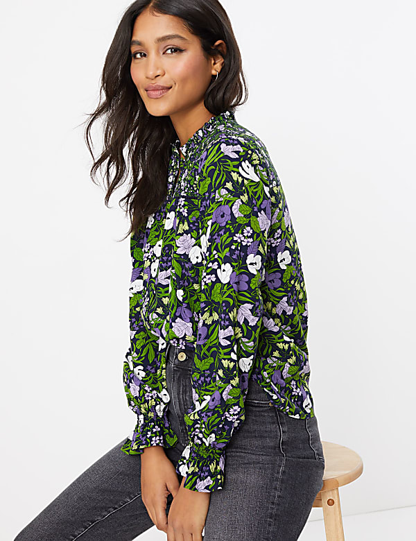 Floral Print Ruffle Neck Blouse