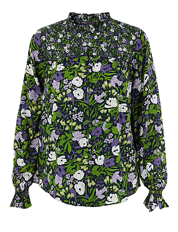 Floral Print Ruffle Neck Blouse