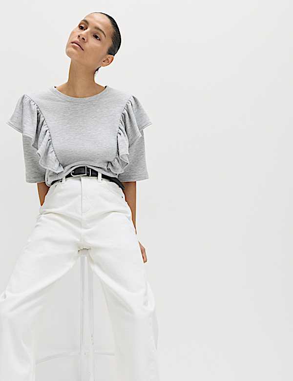 T-shirt en coton m&eacute;lang&eacute; &agrave; manches courtes et volants - BE