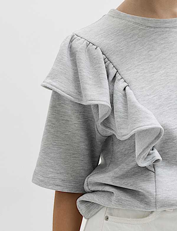 T-shirt en coton m&eacute;lang&eacute; &agrave; manches courtes et volants - BE