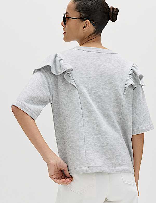 T-shirt en coton m&eacute;lang&eacute; &agrave; manches courtes et volants - BE