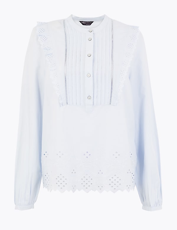 Cotton Broderie High Neck Blouse