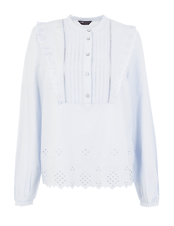 Cotton Broderie High Neck Blouse