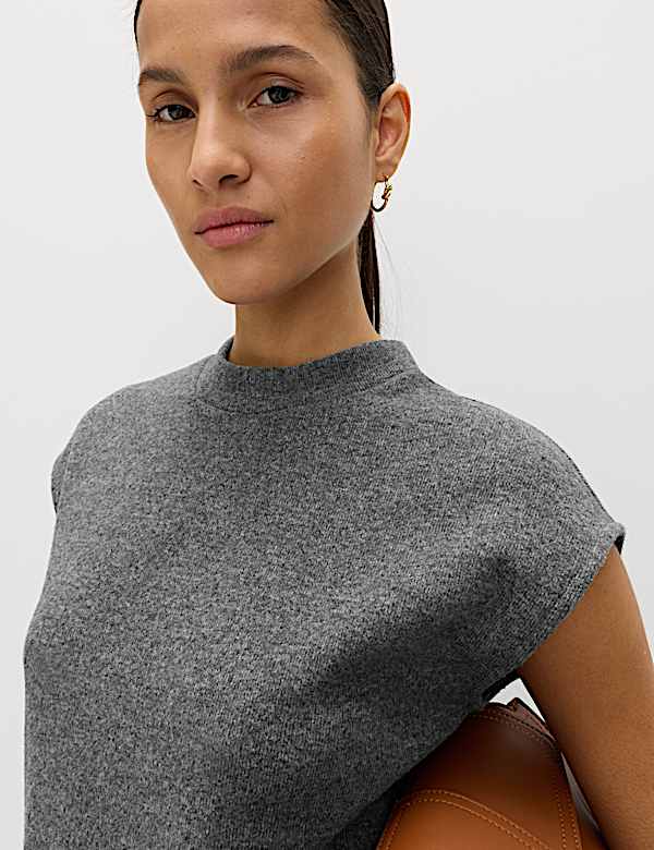 Top en maille de coton m&eacute;lang&eacute; &agrave; col montant - FR