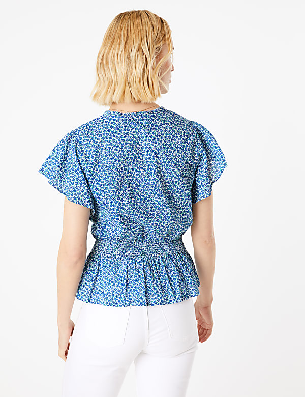 Pure Cotton Floral V-Neck Waisted Blouse
