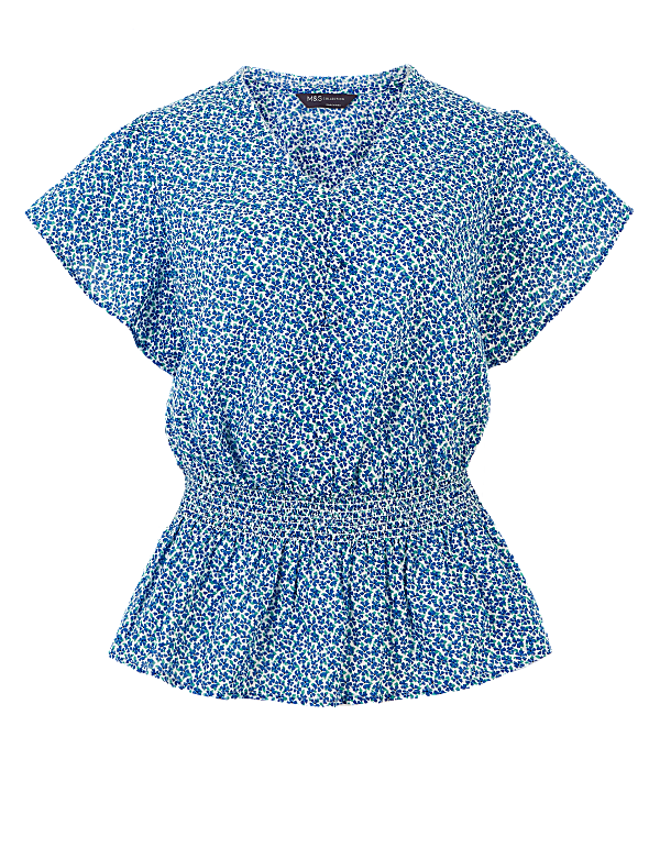 Pure Cotton Floral V-Neck Waisted Blouse