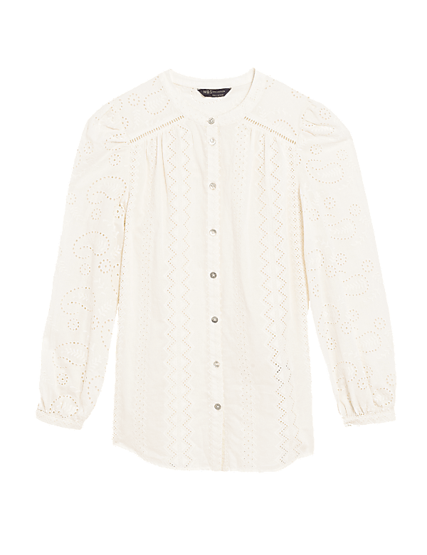 Pure Cotton Broderie V-Neck Longline Blouse