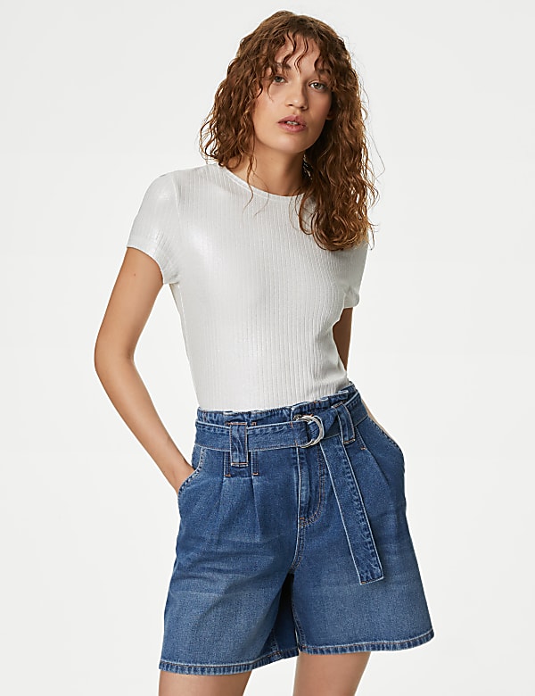 Cotton Rich Ribbed Sparkly T-Shirt | PINK | T-shirts | M&S CA