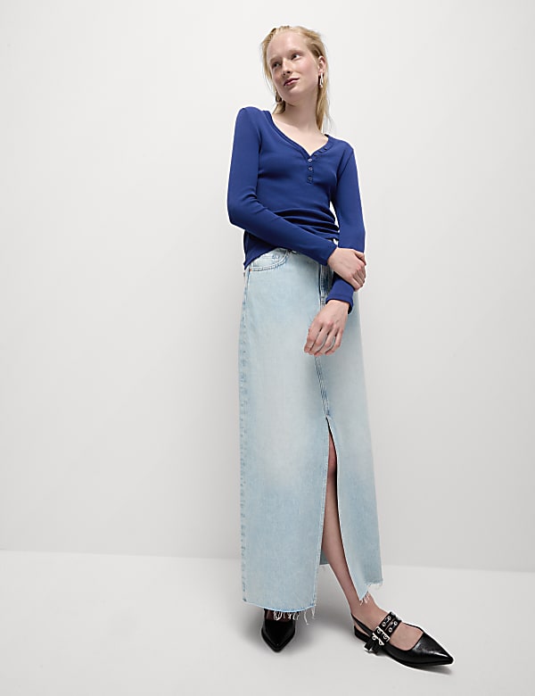 Cotton Rich Ribbed V-Neck Top