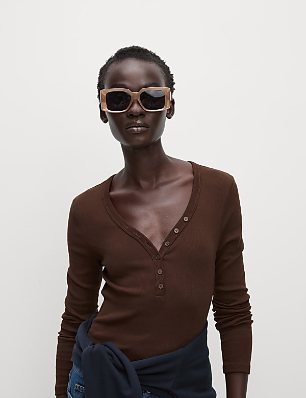 Top en coton &agrave; col V et motif c&ocirc;tel&eacute; - LU