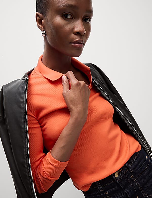 Cotton Rich Ribbed Collared Polo Top