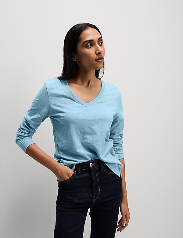 Pure Cotton Long Sleeve V-Neck Top