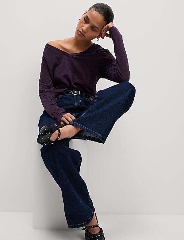 Pure Cotton Long Sleeve V-Neck Top