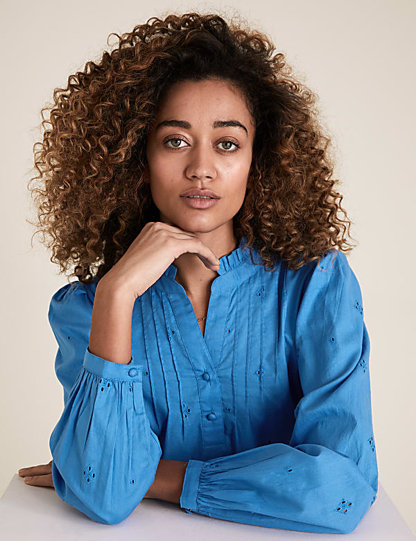Pure Cotton Broderie Long Sleeve Blouse