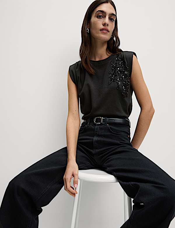 Pure Cotton Jersey Embellished Top