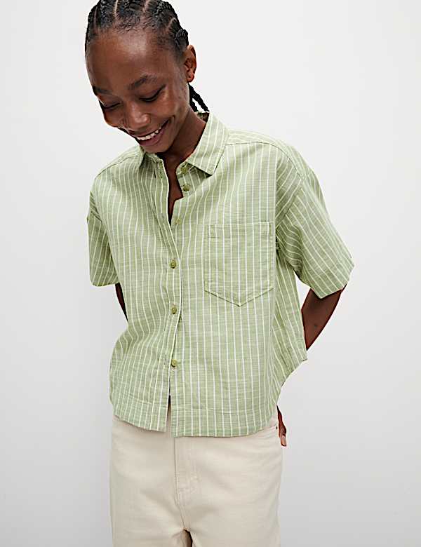 Chemise courte 100 % coton &agrave; rayures - BE