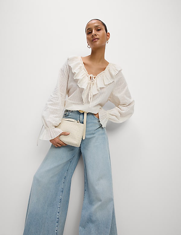 Pure Cotton Textured V-Neck Ruffle Blouse - AL