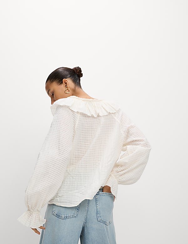 Pure Cotton Textured V-Neck Ruffle Blouse - AL