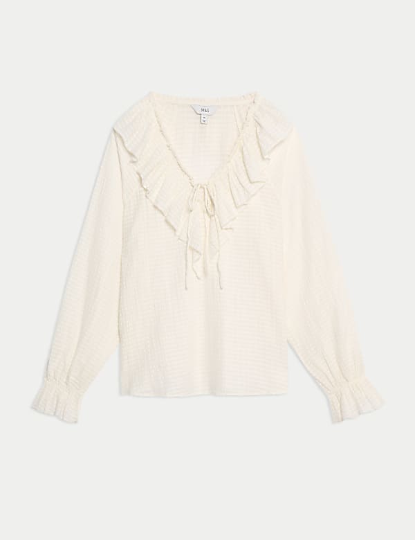 Pure Cotton Textured V-Neck Ruffle Blouse - AL