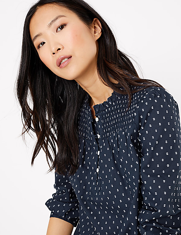 Cotton Rich Frill Neck Long Sleeve Blouse
