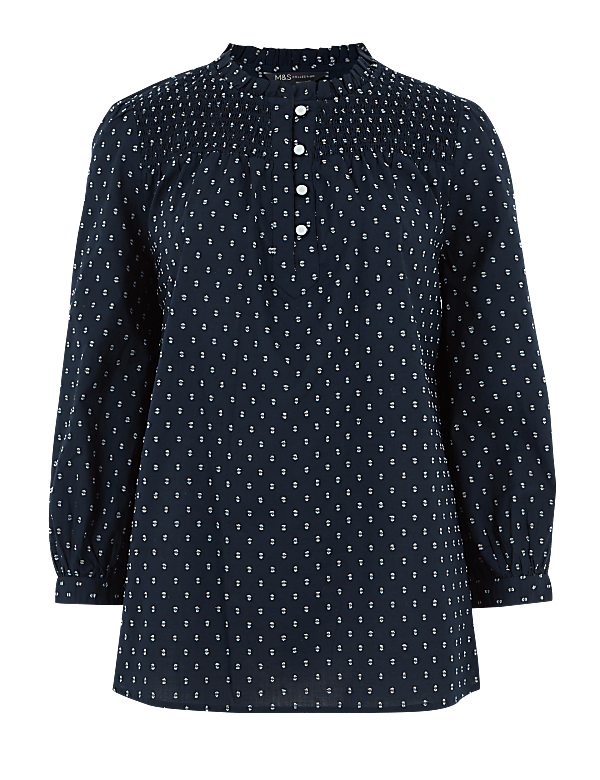 Cotton Rich Frill Neck Long Sleeve Blouse