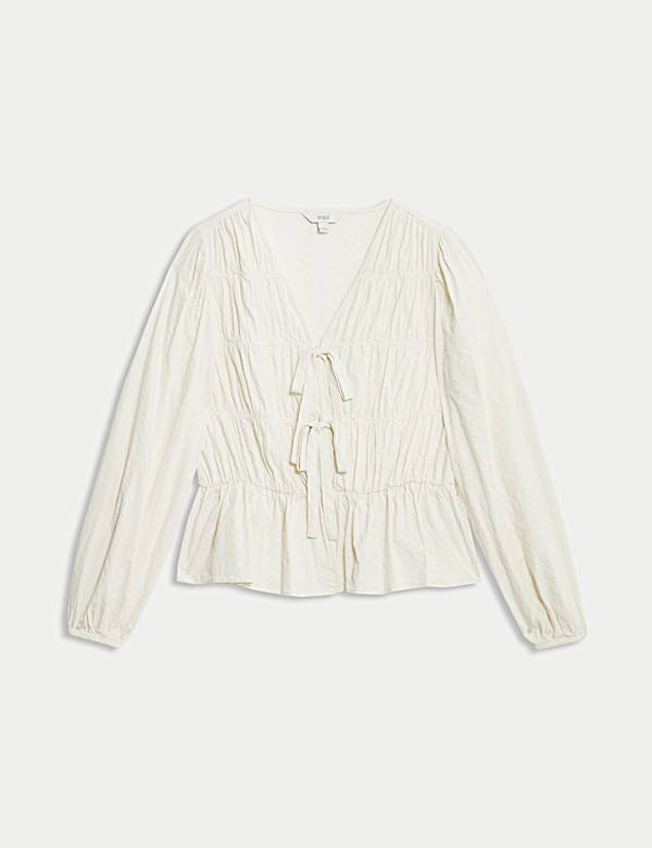 Cotton Rich Tie Front Blouse