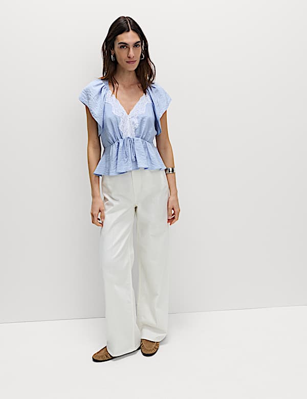 Lace V-Neck Ruffle Angel Sleeve Blouse - JE