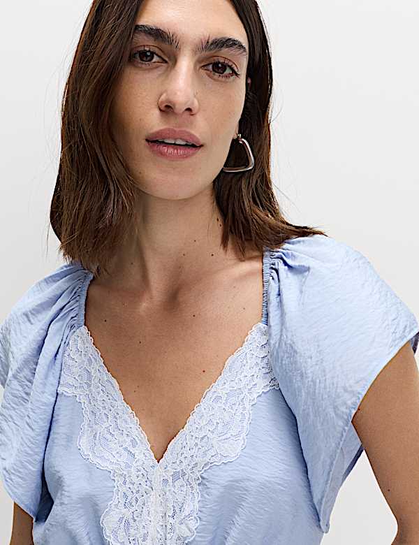 Lace V-Neck Ruffle Angel Sleeve Blouse - JE