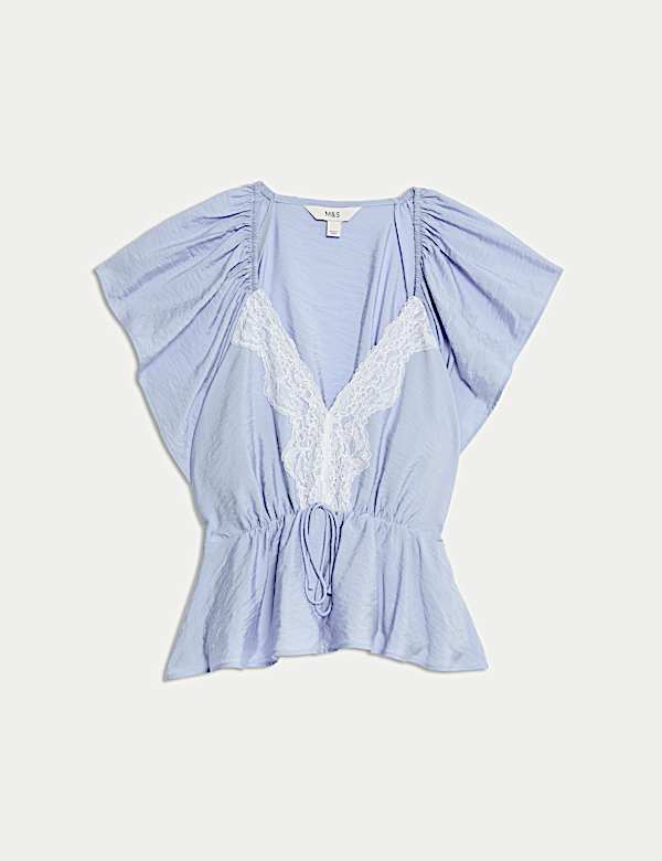 Lace V-Neck Ruffle Angel Sleeve Blouse - JE