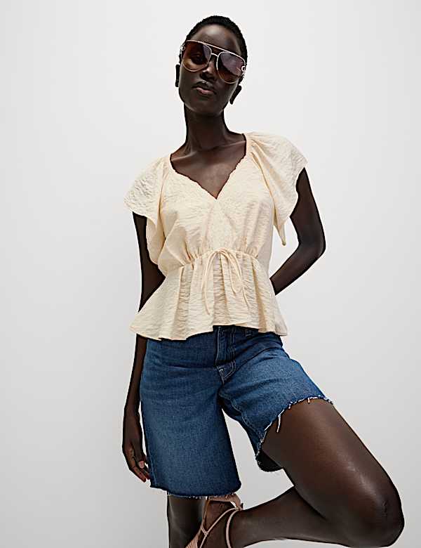 Lace V-Neck Ruffle Angel Sleeve Blouse - MX