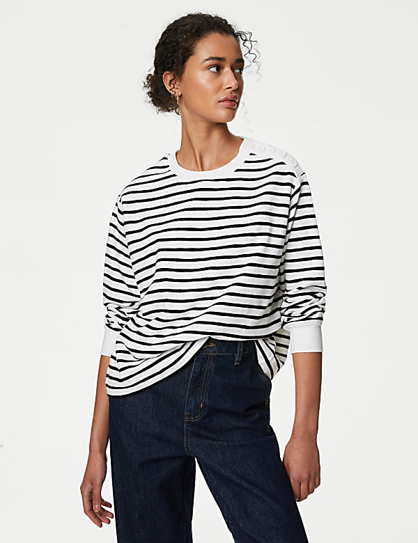 Cotton Rich Striped Crew Neck Sweatshirt