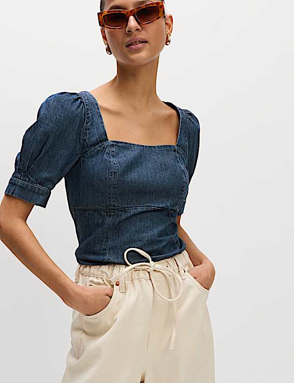 Pure Cotton Denim Square Neck Slim Fit Top