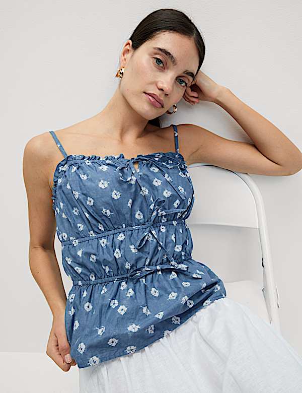 Pure Cotton Floral Tie Front Cami Top