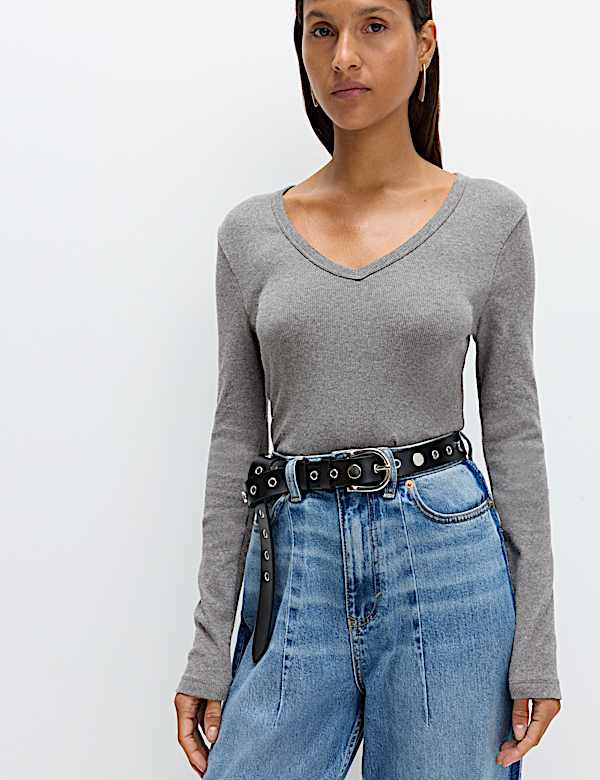 Top coupe cintr&eacute;e en coton c&ocirc;tel&eacute; uni et col en V - CA