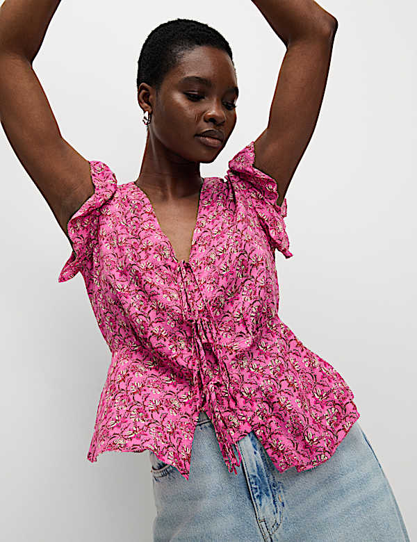 Pure Modal Floral Tie Front Blouse - US