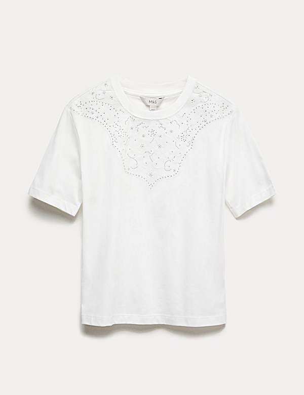 חולצת טי מעוטרת מכותנה טהורה עם כיתוב Lucky - IL