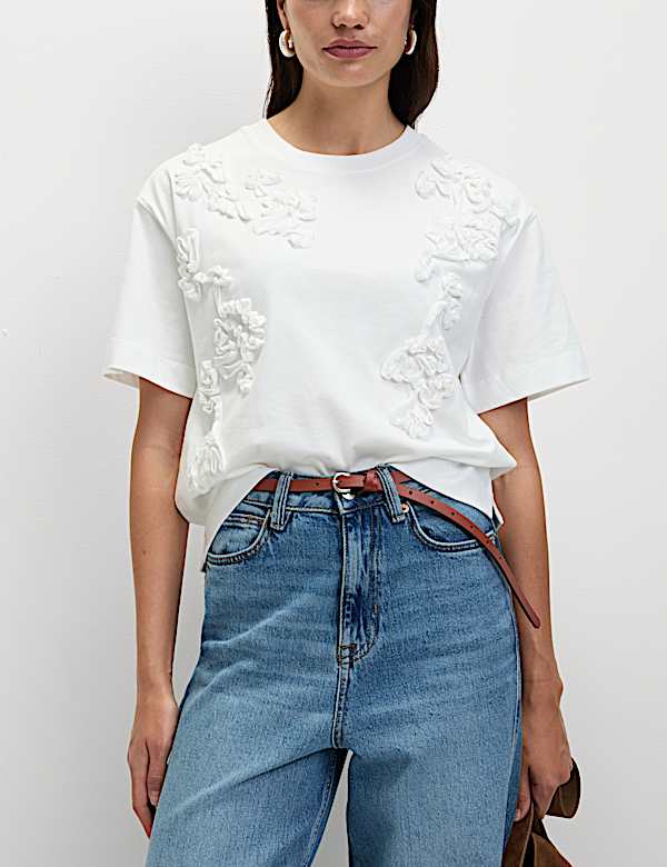 Pure Cotton Ribbon Appliqué Crew Neck T-Shirt