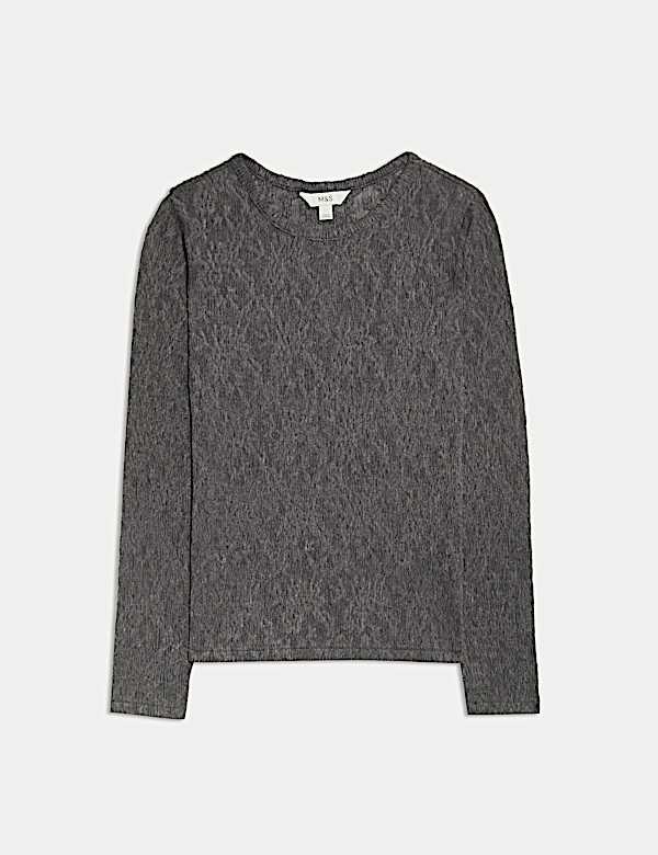 Long Sleeve Floral Mesh Slash Neck Top - GR