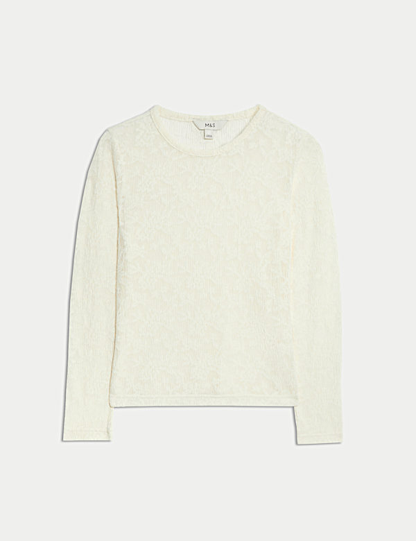 Long Sleeve Floral Mesh Slash Neck Top - VN