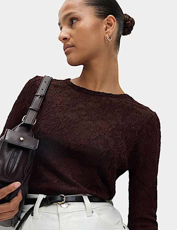 Φλοράλ διχτυωτό μακρυμάνικο τοπ με λαιμόκοψη χαμόγελο - GR