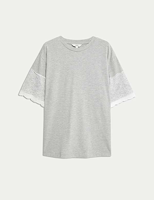 Cotton Blend Lace Sleeve T-Shirt - JE