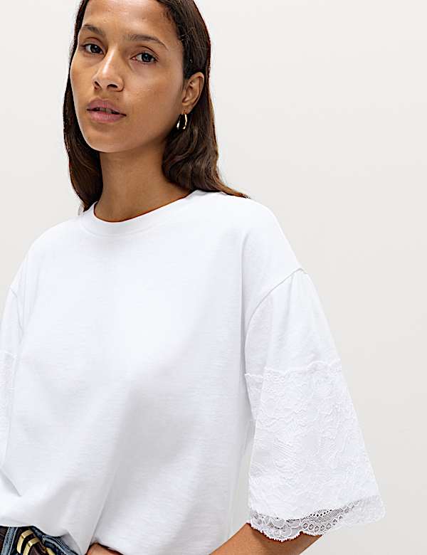 Pure Cotton Lace Sleeve T-Shirt - NO