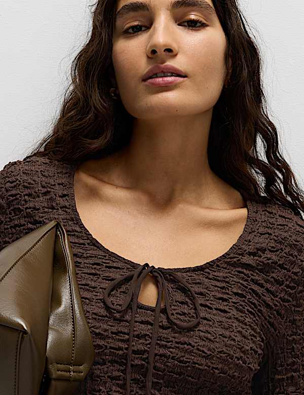 Textured Keyhole Tie Detail Long Sleeve Top - DK