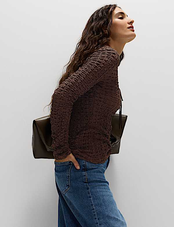 Textured Keyhole Tie Detail Long Sleeve Top - MX