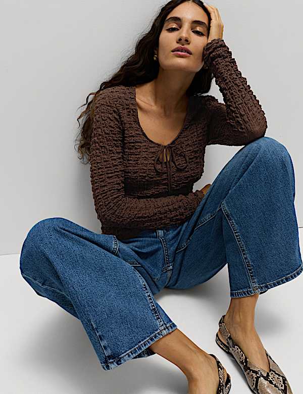 Textured Keyhole Tie Detail Long Sleeve Top - MX